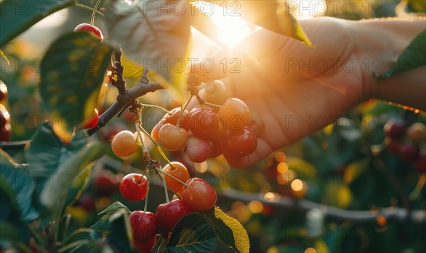 Close-up of a ripe cherry being plucked from a tree AI generated