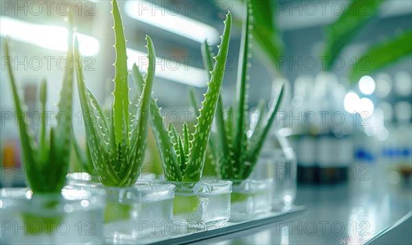 Close-up of aloe vera leaves in a laboratory setting AI generated