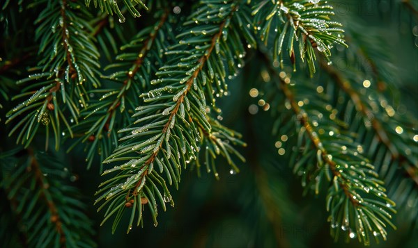 Close-up of pine needles covered in morning dew AI generated