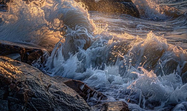 Close-up of waves crashing against rocks along the shoreline AI generated