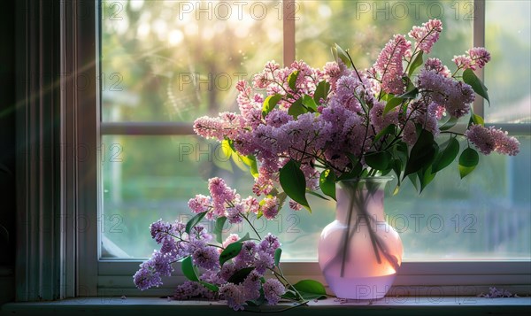 A vase of lilacs on a windowsill, fresh AI generated