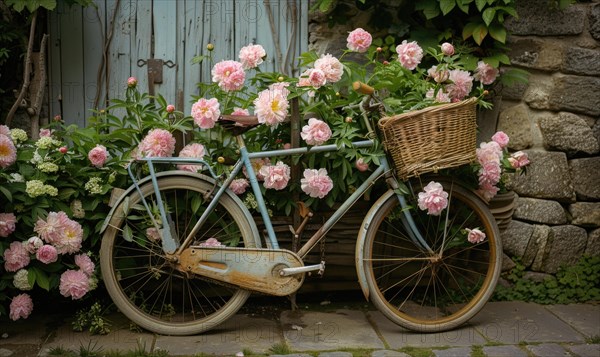 A vintage bicycle adorned with peony flowers in a basket AI generated