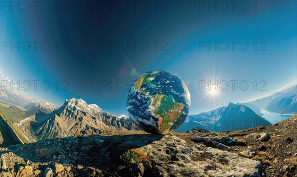 An Earth globe set against a mountain backdrop with a clear blue sky AI generated