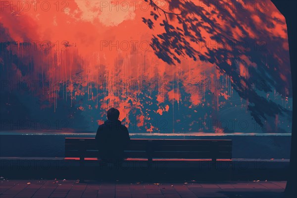 A lonely silhouette sits on a park bench, surrounded by red colour tones and leaf shadows, AI generated, AI generated