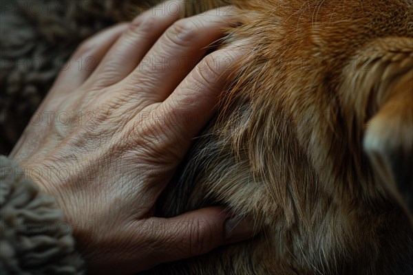 Close up of woman's hand patting dog. KI generiert, generiert, AI generated