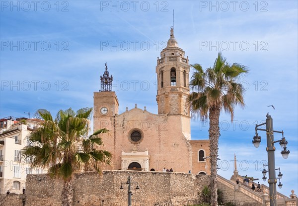 View of the church of St Bartholomew and St Thekla in Sitges, Spain, Europe