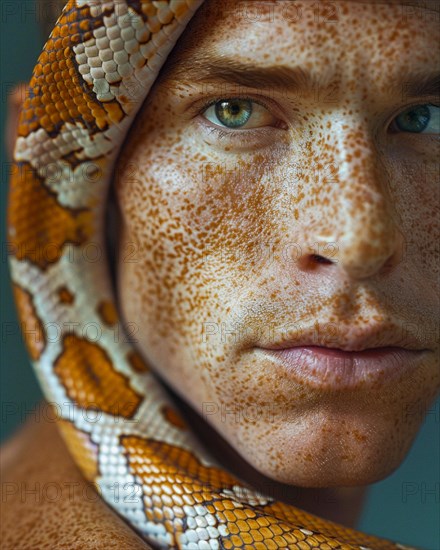 Green eyed caucasian Male covered with snake showing a matching freckled skin, blurry teal turquoise solid background, beauty product studio lights, fashion artsy make up, high concept potraiture, AI generated