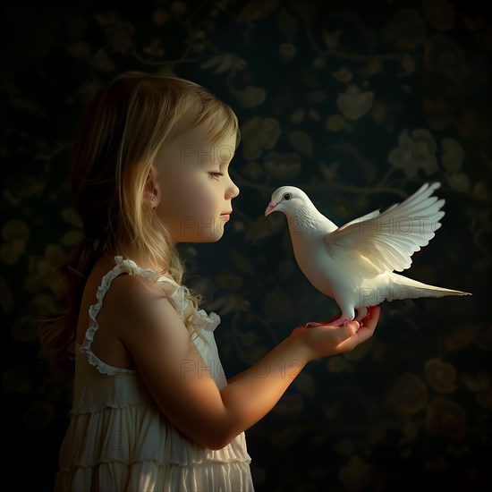 A girl lovingly holds a dove in a dark room with patterned wallpaper, Destroyed houses, War, Dove of peace, AI generated
