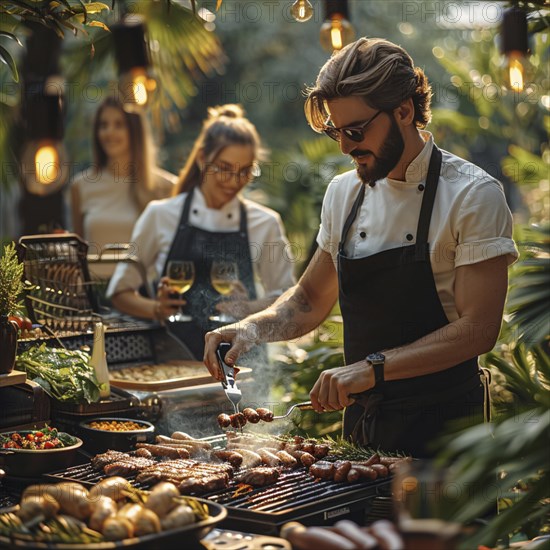 Barbecue party, guests with glasses in their hands stand around a chef who is grilling sausages and steaks, AI generated