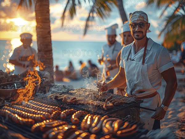 Barbecue party, guests with glasses in their hands stand around a chef who is grilling sausages and steaks, AI generated