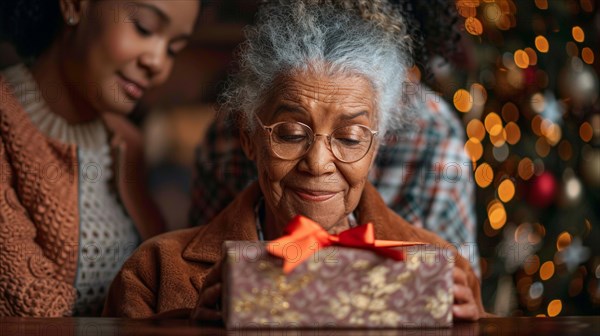 An elderly lady wearing glasses unwraps a Christmas present with family around, AI generated