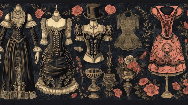 Artwork displays an array of Victorian-style dresses surrounded by floral elements on a dark background, ai generated, AI generated