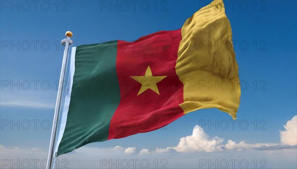 The flag of Cameroon, fluttering in the wind, isolated, against the blue sky