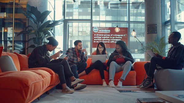 Team of diverse colleagues collaborating on a project in a modern office setup, AI generated