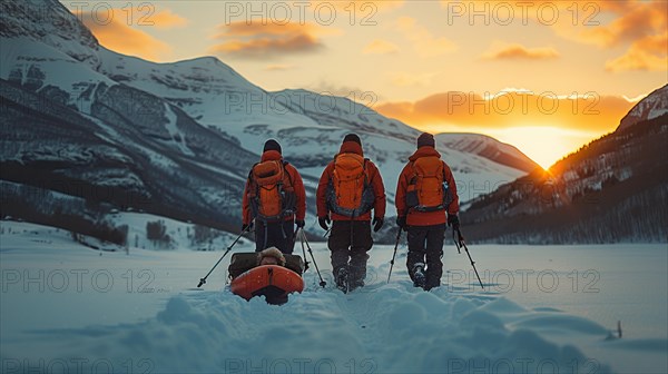 Backlit mountaineers trekking through the snow against a beautiful sunset, AI generated