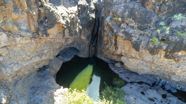 Aerial view of Charco Azul in the Podemos to Agaete in Gran Canaria, Canary Islands