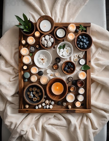 Tranquil spa setting with candles, stones, and natural elements arranged on a wooden tray in an overhead view, AI generated