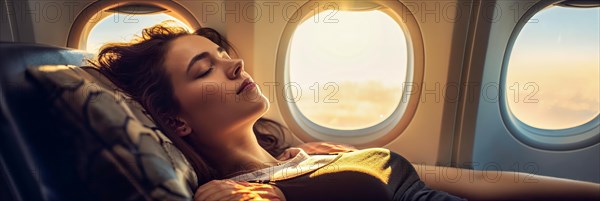 A woman nods off at the window in the soft evening light during the flight, AI generated, AI generated