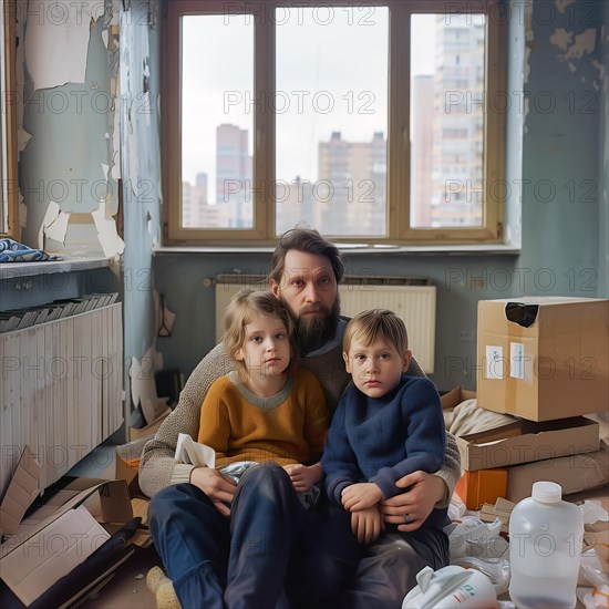 A family sits together in a room in need of renovation, relocation, apartment relocation, housing shortage, AI generated