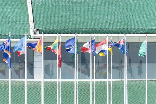 Many flags in front of the United Nations Conference Centre, Bangkok, Thailand, Asia