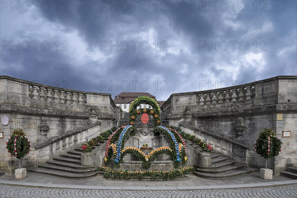 Easter fountain in front of the orangery garden of Ebrach Monastery, Ebrach, Lower Franconia, Bavaria, Germany, Europe