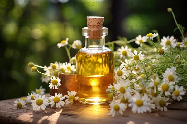 Bottle with essential oil surrounded by chamomile flowers. KI generiert, generiert, AI generated