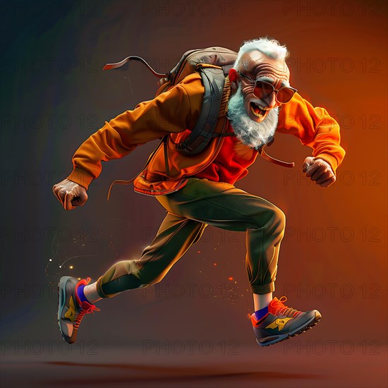 An enthusiastic senior in sportswear runs in front of a dark background, start running, advert, special offer, AI generated