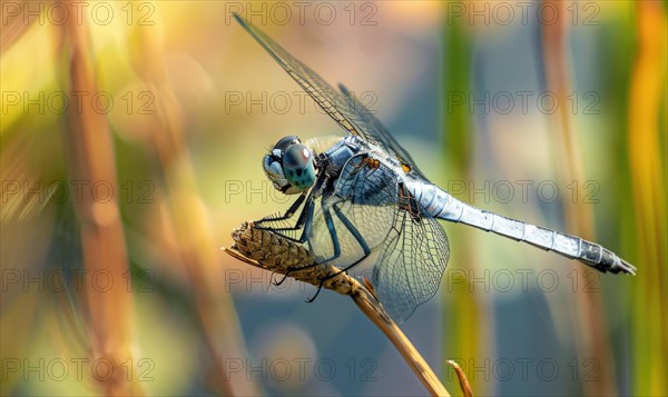 Close-up of a dragonfly perched on a reed AI generated