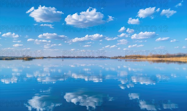 A serene spring lake reflecting the clear blue sky and fluffy white clouds AI generated