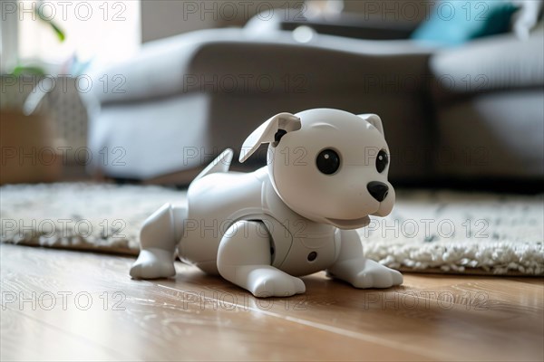 Cute robotic dog on livingr oom floor. KI generiert, generiert, AI generated