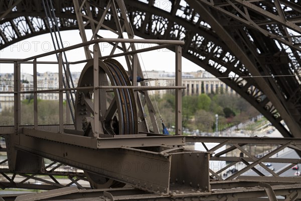 Eiffel Tower, drive wheel for lift, close-up, Paris, Ile-de-France, France, Europe