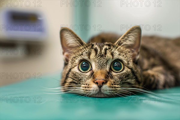 Scared cat on examination table in vet clinic. KI generiert, generiert, AI generated