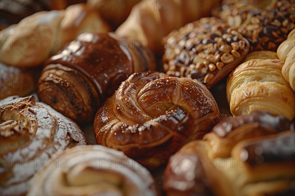 Close up of different baked pastries. KI generiert, generiert, AI generated