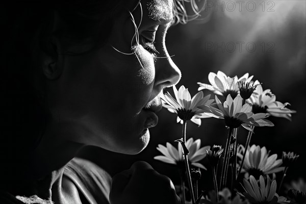 Mother's Day, A woman smells flowers in the fascinating light of a beam of light in black and white, AI generated, AI generated