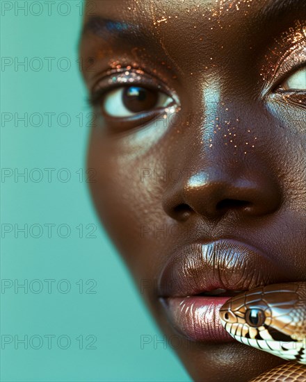 Profile of a woman with dark skin making eye contact, snake near her face, blurry teal turquoise solid background, beauty studio lighs, fashion artsy make up, high concept potraiture, AI generated