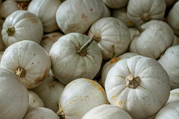 Many white Japanese Hokkaido Kabocha squashes. KI generiert, generiert, AI generated