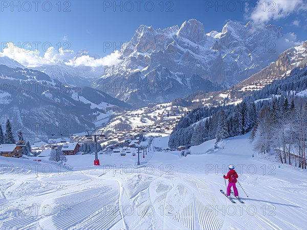 Children are traveling with a ski school in the mountains and learning to ski, AI generated