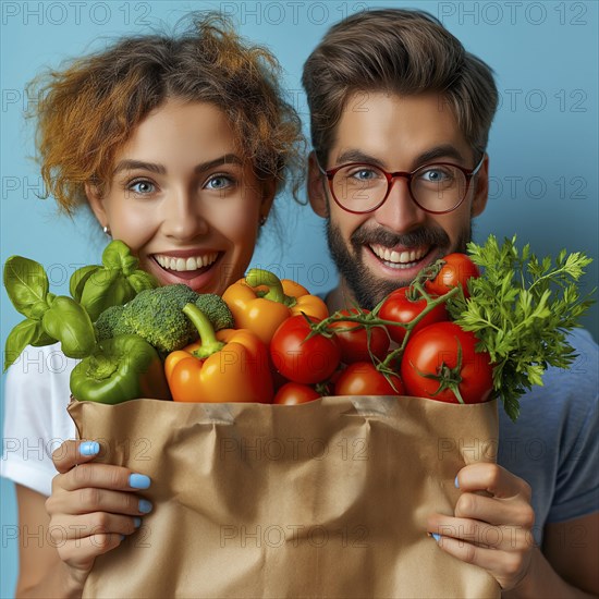 Shopping in supermarket with big paper bag full of vegetables and fruits, ai generated, AI generated