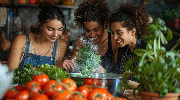 Friends share a joyful moment while cooking with fresh herbs and vegetables in the kitchen, AI generated