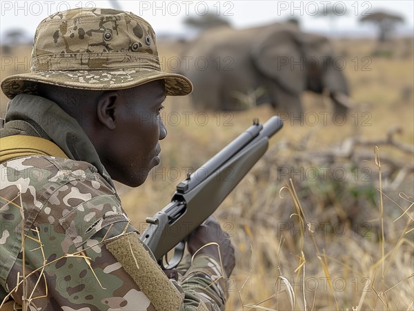 Elephant hunting in Africa, AI generated