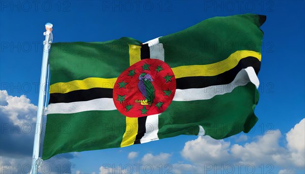 The flag of Dominica, Lesser Antilles, Caribbean, fluttering in the wind, isolated, against the blue sky