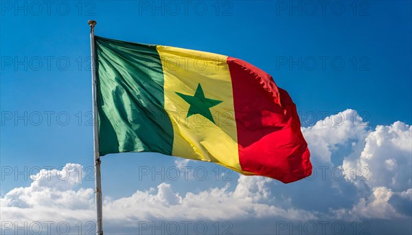 The flag of Senegal, fluttering in the wind, isolated, against the blue sky