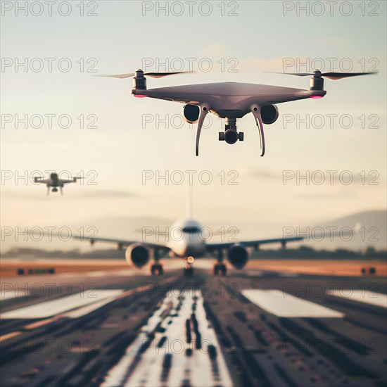 Two drones fly in front of an aeroplane during a sunny evening flight on a runway, drone, attack, AI generated