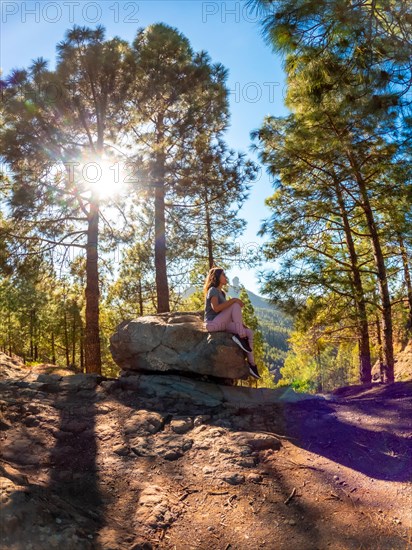 A woman sits on a rock in a forest. The sun is shining on her, creating a warm and peaceful atmosphere