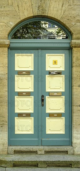 Classicist front door of the heritage-protected building at Schillerstrasse 5 in Weimar, Thuringia, Germany, Europe