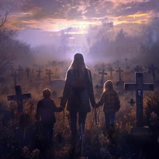 A family pauses in a peaceful cemetery at dusk, war, war graves, military cemetery, AI generated