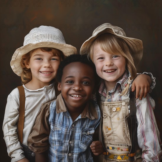Three happy children in hats hugging each other in front of a dark background, group picture with laughing children of different nationalities and cultures, KI generated, AI generated