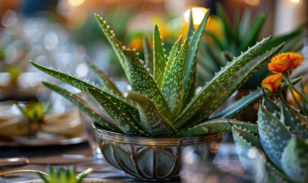 Aloe vera leaves in a pot, closeup view AI generated