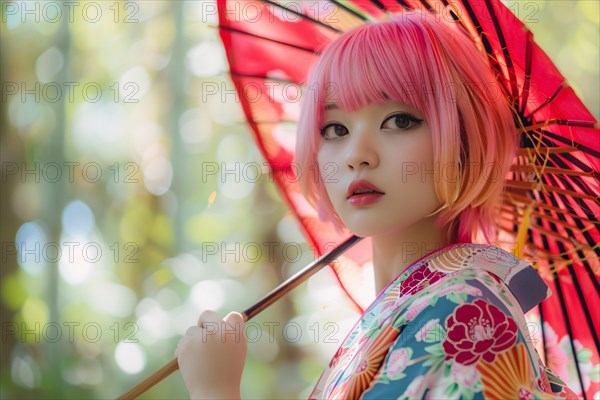 Beautiful young woman with pink hair and kimono with umbrella. KI generiert, generiert, AI generated