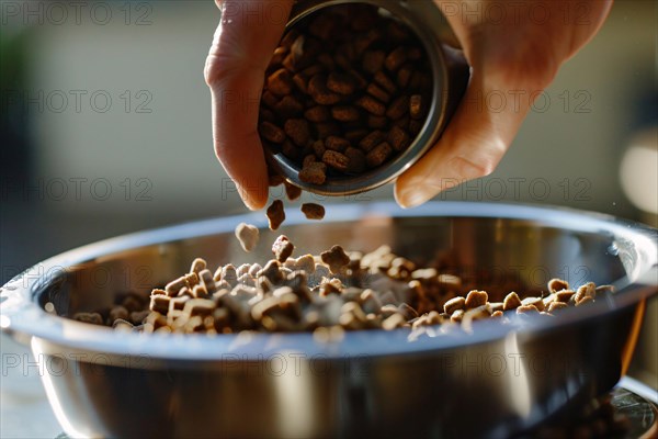 Human filling pet bowl with dry kibble food. KI generiert, generiert, AI generated